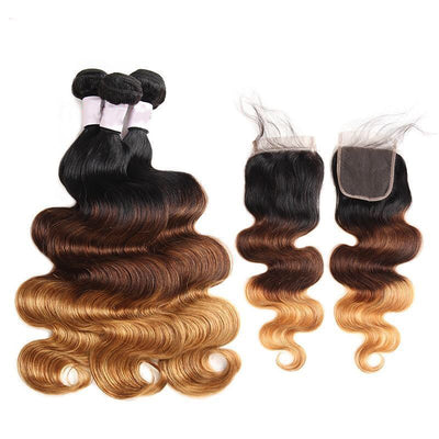 Ombre color Brazilian Body Wave 3 Human Hair Bundles and one Lace Closure