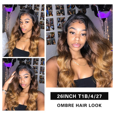 Ombre color Brazilian Body Wave 3 Human Hair Bundles and one Lace Closure